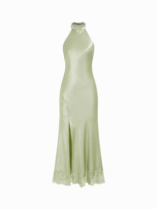 Satin Halter Neck Draped Back Tie Mermaid Maxi Dress