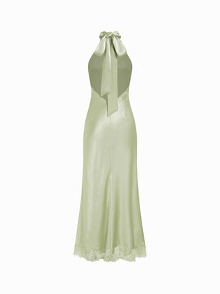 Satin Halter Neck Draped Back Tie Mermaid Maxi Dress