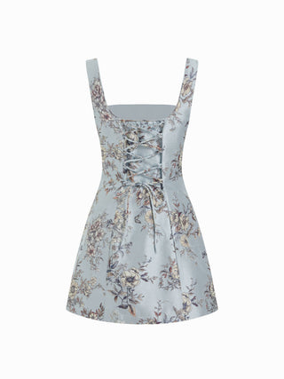 Jacquard Floral Square Neckline Lace up Corset Mini Dress