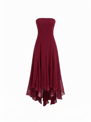 Chiffon Halter Neckline Polka Dot Ruffled Hem Ruched Maxi Dress