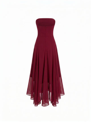 Chiffon Halter Neckline Polka Dot Ruffled Hem Ruched Maxi Dress