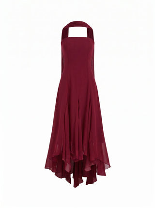 Chiffon Halter Neckline Polka Dot Ruffled Hem Ruched Maxi Dress