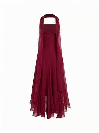 Chiffon Halter Neckline Polka Dot Ruffled Hem Ruched Maxi Dress