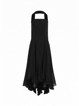 Chiffon Halter Neckline Polka Dot Ruffled Hem Ruched Maxi Dress