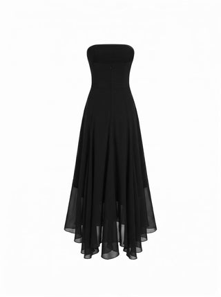 Chiffon Halter Neckline Polka Dot Ruffled Hem Ruched Maxi Dress