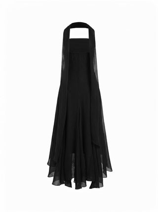 Chiffon Halter Neckline Polka Dot Ruffled Hem Ruched Maxi Dress