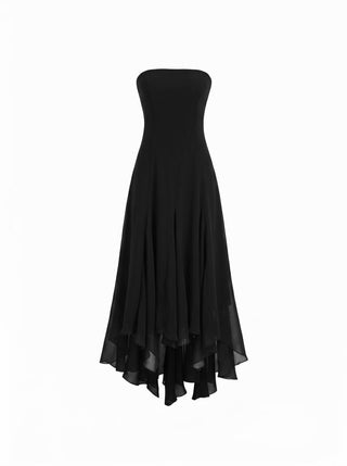 Chiffon Halter Neckline Polka Dot Ruffled Hem Ruched Maxi Dress