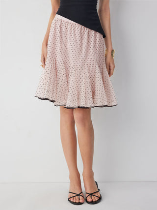 Mesh Low Rise Polka Dot Ruffled Flared Midi Skirt