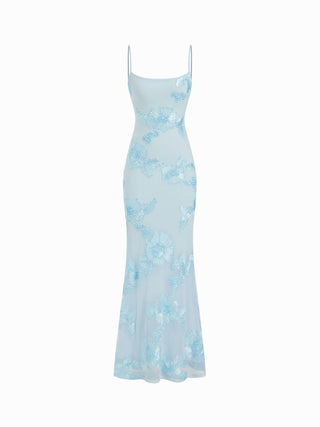 Floral Lace Up Appliques Backless Maxi Dress