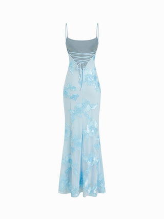 Floral Lace Up Appliques Backless Maxi Dress