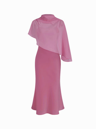 Satin High Neck Cape Sleeve Maxi Dress
