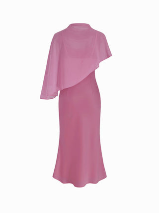 Satin High Neck Cape Sleeve Maxi Dress