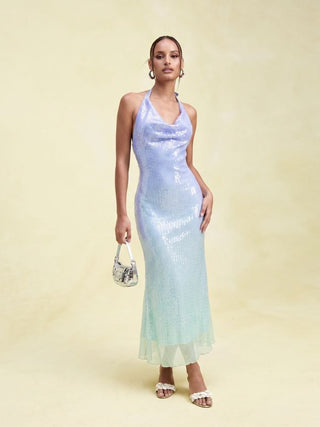 Ombre Sequin Halter Neck Mermaid Maxi Dress