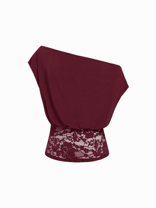 Asymmetrical Neck Floral Lace Ruched Top