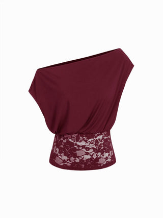 Asymmetrical Neck Floral Lace Ruched Top
