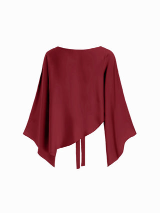 Satin Boat Neck Bell Sleeve Asymmetrical Blouse