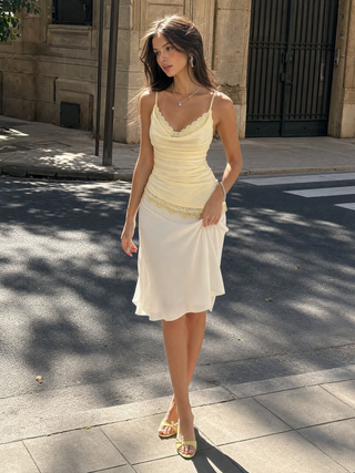 Sweetheart Neck Lace Panel Ruched Asymmetrical Hem Cami Top