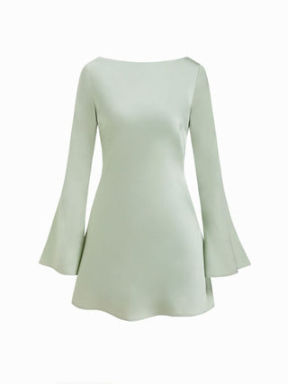 Satin Boat Neck Bell Sleeve Backless Mini Dress