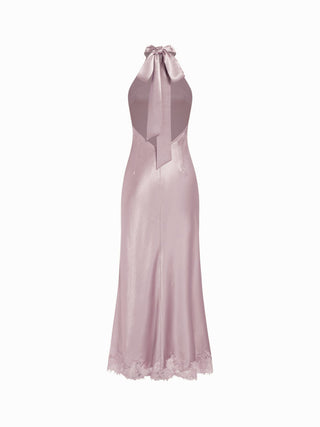Satin Halter Neck Draped Back Tie Mermaid Maxi Dress