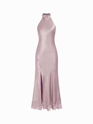 Satin Halter Neck Draped Back Tie Mermaid Maxi Dress