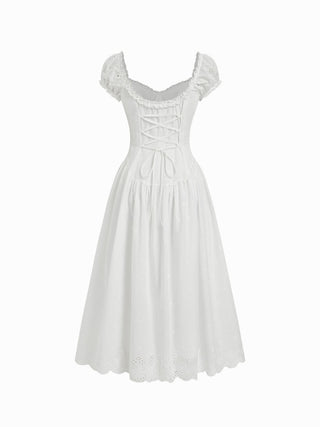 Cotton Broderie Anglaise Sweetheart Puff Sleeve Lace Up Maxi Dress