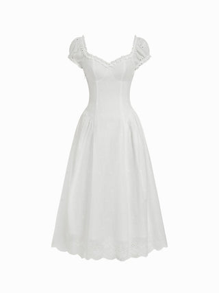 Cotton Broderie Anglaise Sweetheart Puff Sleeve Lace Up Maxi Dress