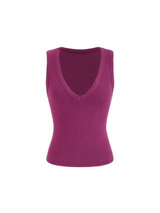 Cotton-blend Ribbed V-neck High Stretch Tank Top