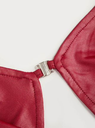 Metallic Textured Sweetheart Halter Neck Cowl Metal Detail Crop Cami Top