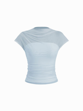 Mesh High Neck Sleeveless Draped Ruched Top
