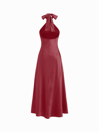 Satin Halter Neck Twist Knotted A-line Maxi Dress