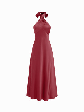 Satin Halter Neck Twist Knotted A-line Maxi Dress