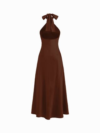 Satin Halter Neck Twist Knotted A-line Maxi Dress