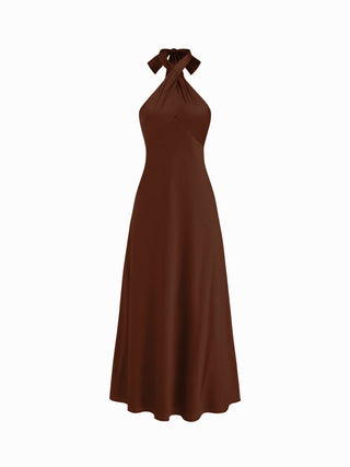 Satin Halter Neck Twist Knotted A-line Maxi Dress