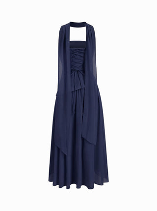 Chiffon Sculptural Halter Neckline Lace Up Maxi Bobycon Dress With Scarf