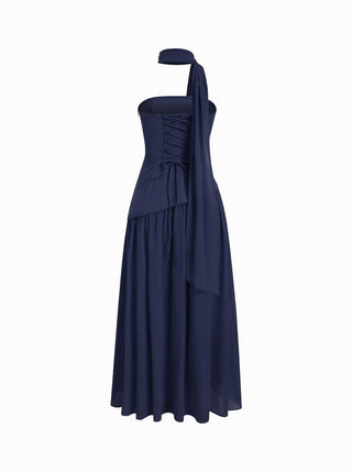 Chiffon Sculptural Halter Neckline Lace Up Maxi Bobycon Dress With Scarf