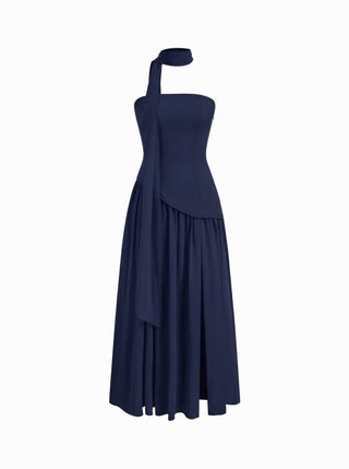 Chiffon Sculptural Halter Neckline Lace Up Maxi Bobycon Dress With Scarf