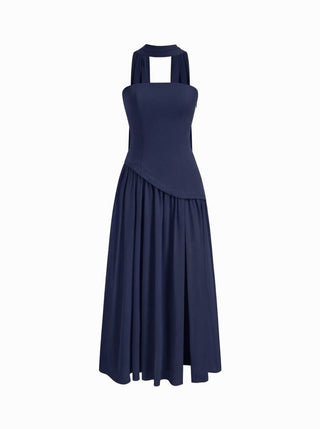 Chiffon Sculptural Halter Neckline Lace Up Maxi Bobycon Dress With Scarf