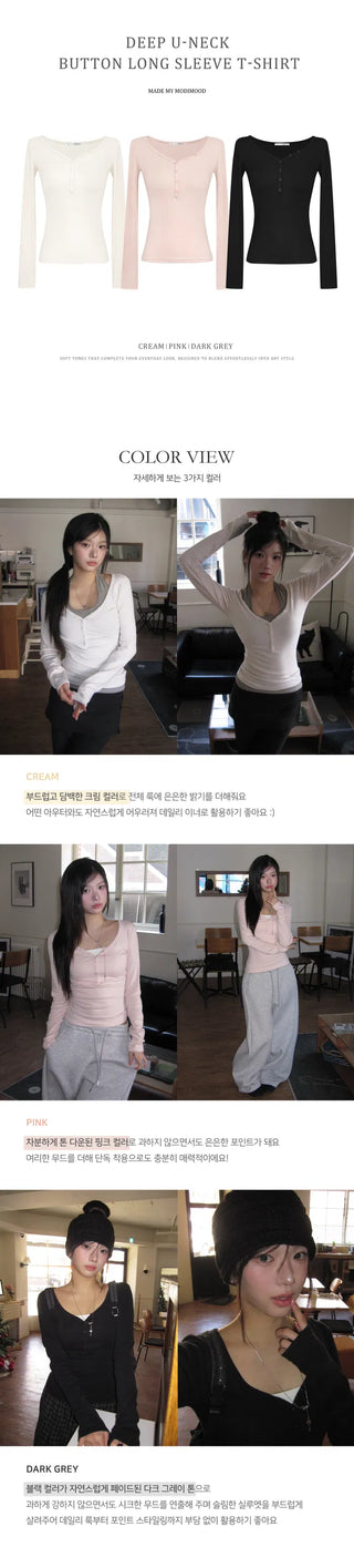 MOMU Button Long Sleeve VER Line T-Shirt - 3 Colors