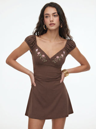 Cotton-blend Floral Embroidery V-neck Puff Sleeve A-line Mini Dress