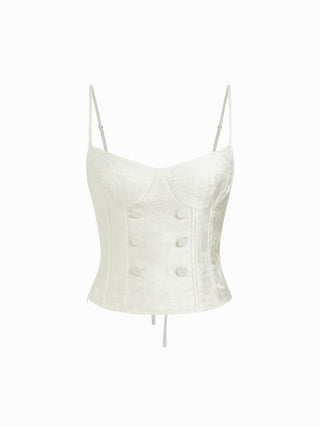 Jacquard Sweetheart Neck Button Detail Corset Crop Cami Blouse