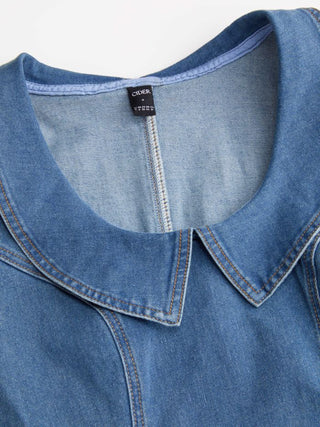 Stretch Washed Denim Collar Shirt Mini Dress