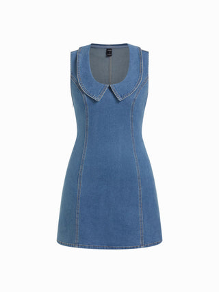 Stretch Washed Denim Collar Shirt Mini Dress