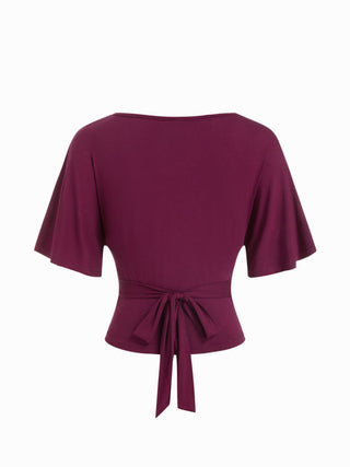 Lyocell-blend Striped V-neck Cloak Sleeve Ruched Tie Back Top