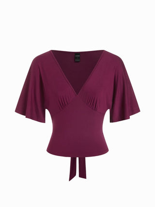 Lyocell-blend Striped V-neck Cloak Sleeve Ruched Tie Back Top