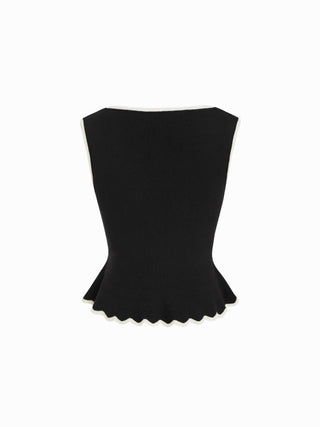 Knit Boat Neck Colorblock Ruffled Hem Metal Button Vest