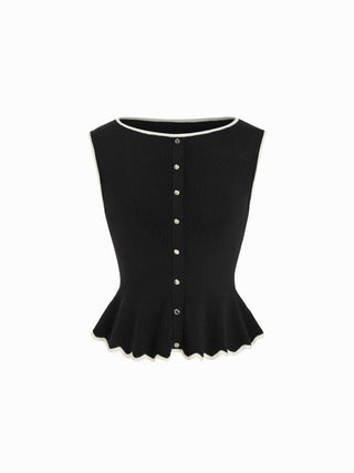 Knit Boat Neck Colorblock Ruffled Hem Metal Button Vest