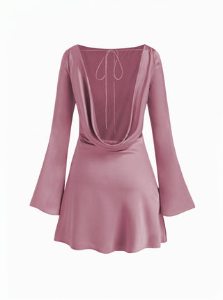 Satin Boat Neck Bell Sleeve Backless Mini Dress
