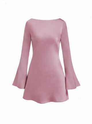 Satin Boat Neck Bell Sleeve Backless Mini Dress