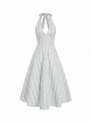Halter Neckline Floral Lace Up Backless Maxi Dress