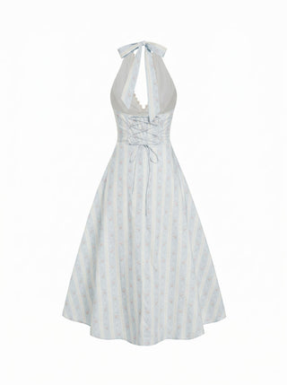 Halter Neckline Floral Lace Up Backless Maxi Dress